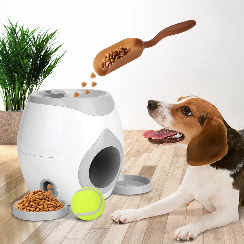 Automatic Pet Feeder Interactive Fetch Tennis Ball Launcher Dog Training Toys Throwing Ball Machine Pet Food Emission Device LJ201322o