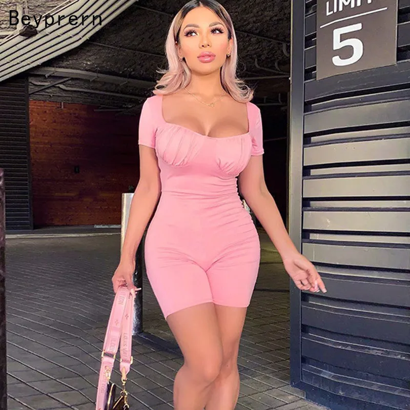 Beyprern Casual Ruched Biker Jumpsuit Playsuit Macacão New Chic Womens Bonito Bonita Bodycon Workout Jumpsuit Rosa Outfits T200704