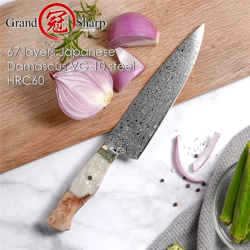 Grandsharp Coltello da chef giapponese Utensili da cucina Premium 67 Strati VG10 Damasco Acciaio inossidabile Manico in legno Pentole Regalo8874624