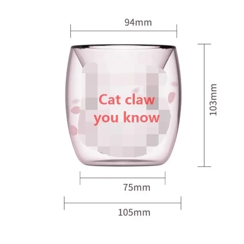 Cat Claw Paw Coffee Mug Cartoon Cute Milk Juice Home Office Cafe Cherry Pink Transparent Double Glass Paw Cup Q1215307o