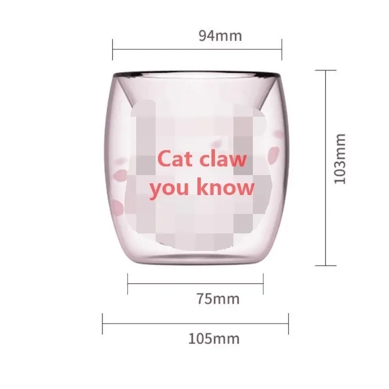 Cat Claw / Paw Kaffe Kopp Tecknad Söt Mjölk Juice Hem Office Cafe Cherry Rosa Transparent Dubbel Glas Paw Cup Q1215