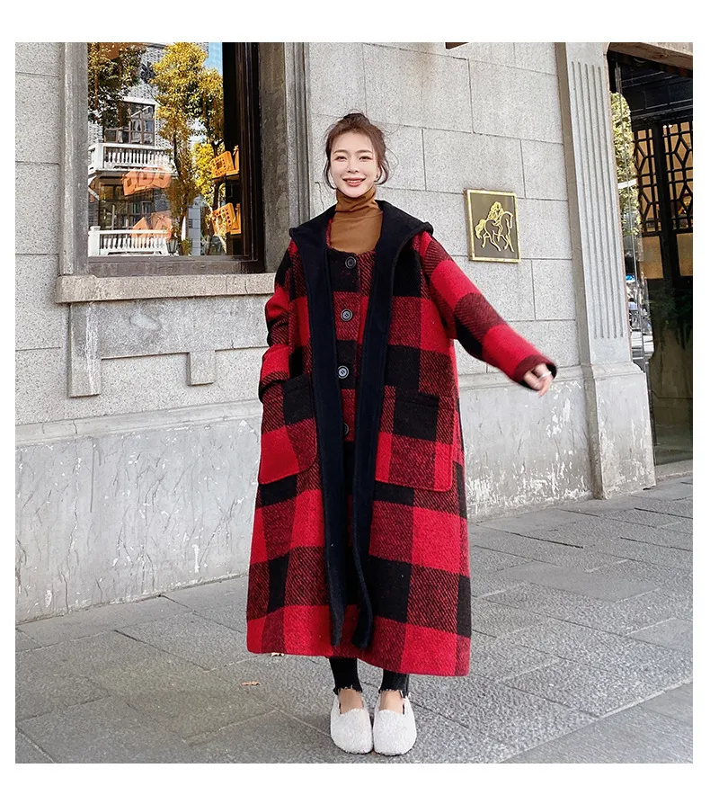 Manteau en laine à capuche femme mi-longueur genou sur droite 2020 automne hiver nouveau épais femme manteau à carreaux rouge LJ201106