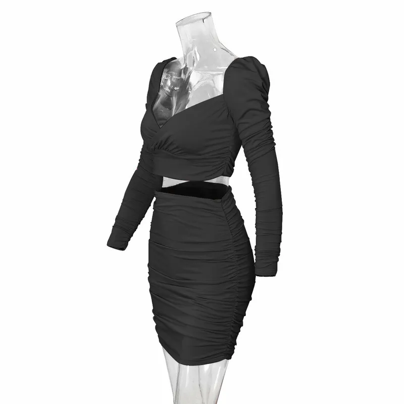 Conjunto de 2 piezas sexy para mujer otoño invierno cuello cuadrado corte bajo manga larga crop top + falda de cintura alta plisada fiesta dama trajes 220221
