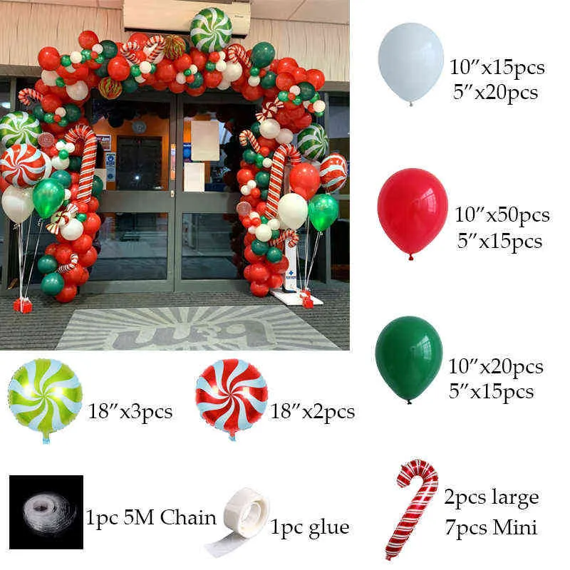 / set Noël Rouge Vert Ballon Garland Arch Kit Rouge Bonbons Cadeau Canne Feuille Ballons pour La Maison De Mariage Décoration De Noël 211216