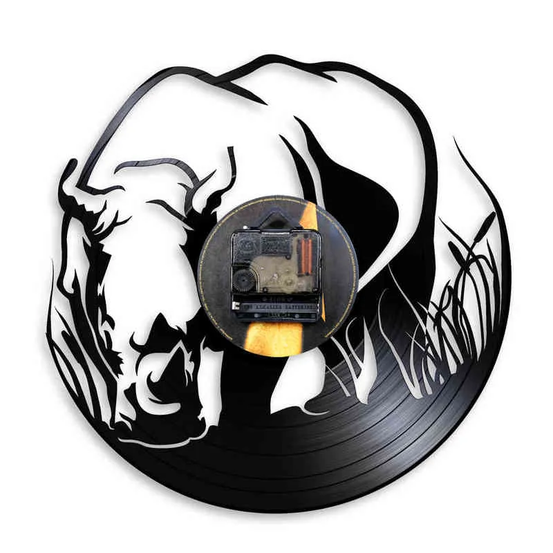 Safari Rhinoceros vinylレコード壁掛け時計アフリカ野生生物ジャングル動物Rhinoレーザーカット保育園用寝室H1230用ロングプレイ壁時計