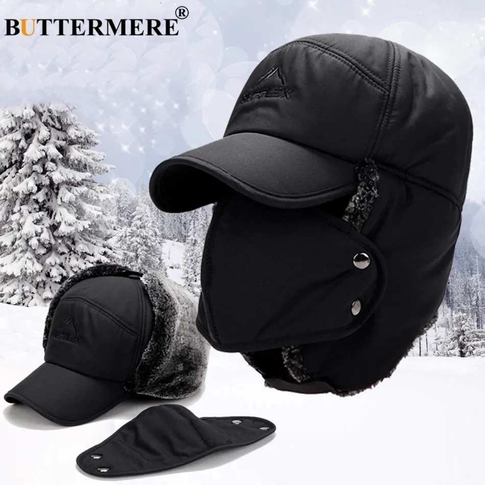 BUTTERMERE – chapeaux d'hiver pour hommes, bombardier russe, café, en coton, avec oreillettes, masque masculin, casquette de Baseball détachable, fourrure chaude, Ushanka Hat302g