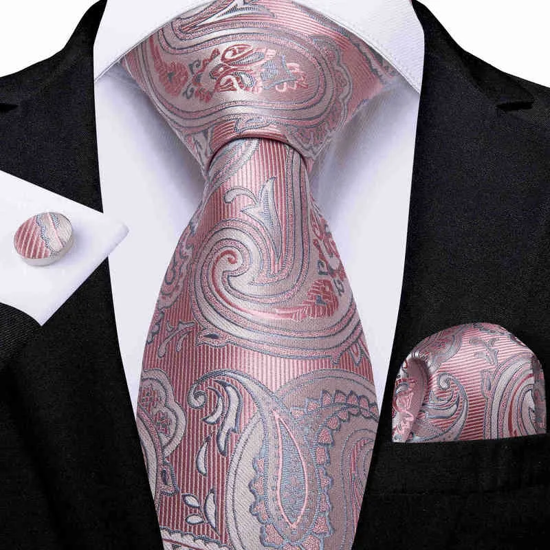 Pink Paisley Tie For Men % Silk Neck Tie Pocket Square Cufflinks Wedding Accessories Gift For Men Gravatas Dropshipping G220312