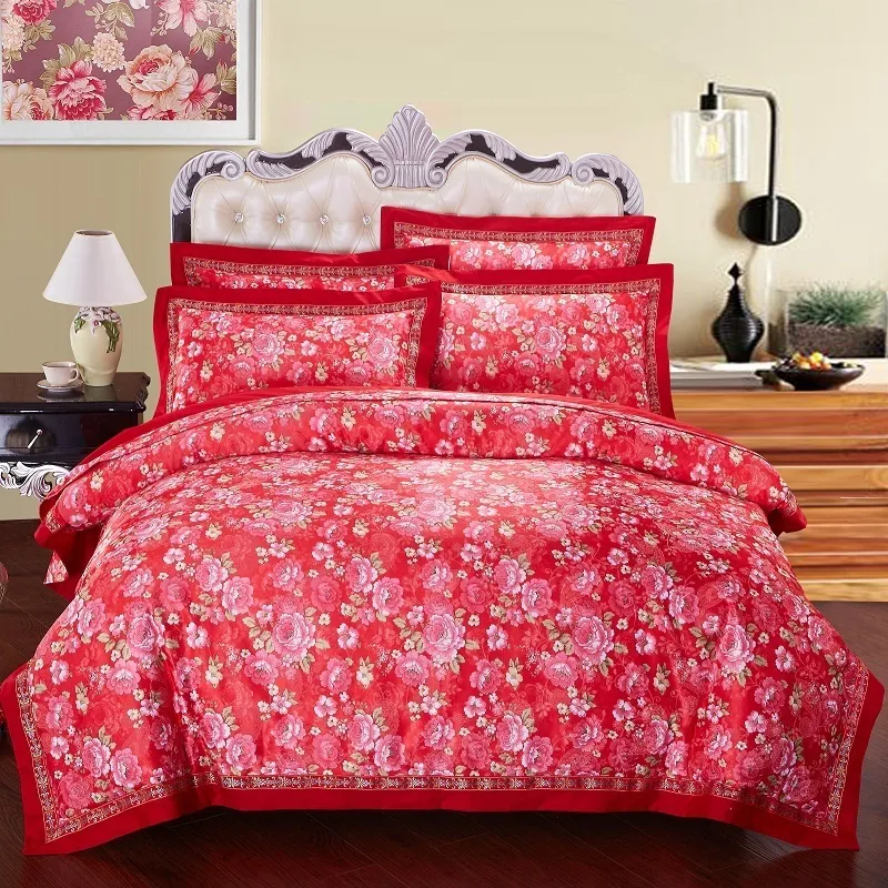 Bomull Jacquard Blommigryck sängkläder Ställ 4st Double King Queen Size Bedsheet Set Duvet Cover Home Dekorativa Pillowcases T200706