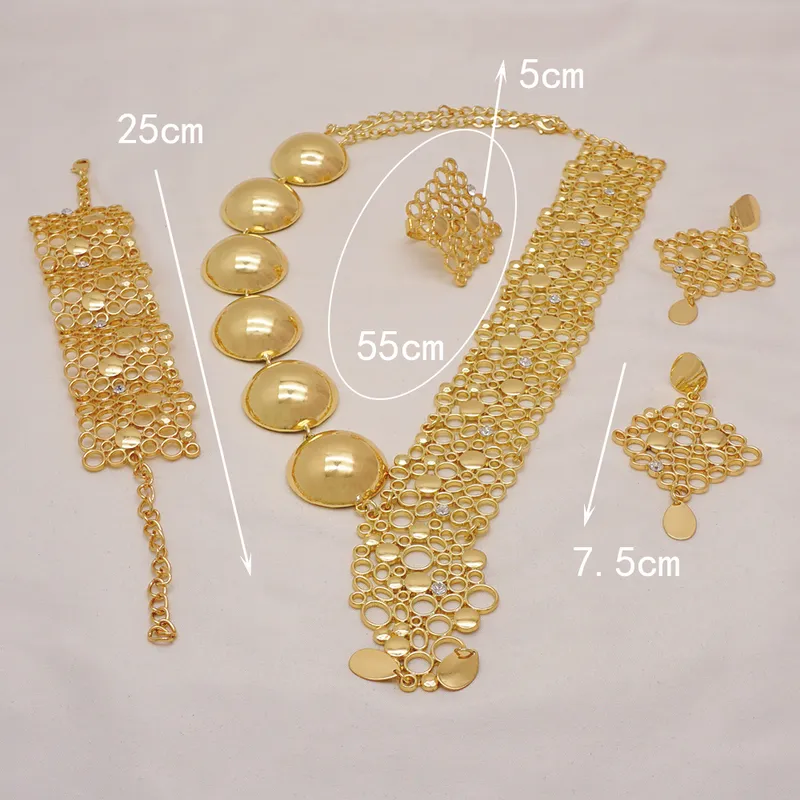 Dubai 24K vergoldetes Brautschmuck-Set Halskette Ohrringe Armband Ringe Geschenke Hochzeit Modeschmuck Set für Frauen 220224