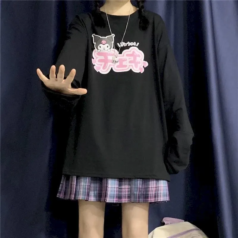 nuova maglietta prep maglietta delle donne giapponese ins cartone animato Kuromi stampa allentata a maniche lunghe T-shirt femminile studente ragazza morbida 201028