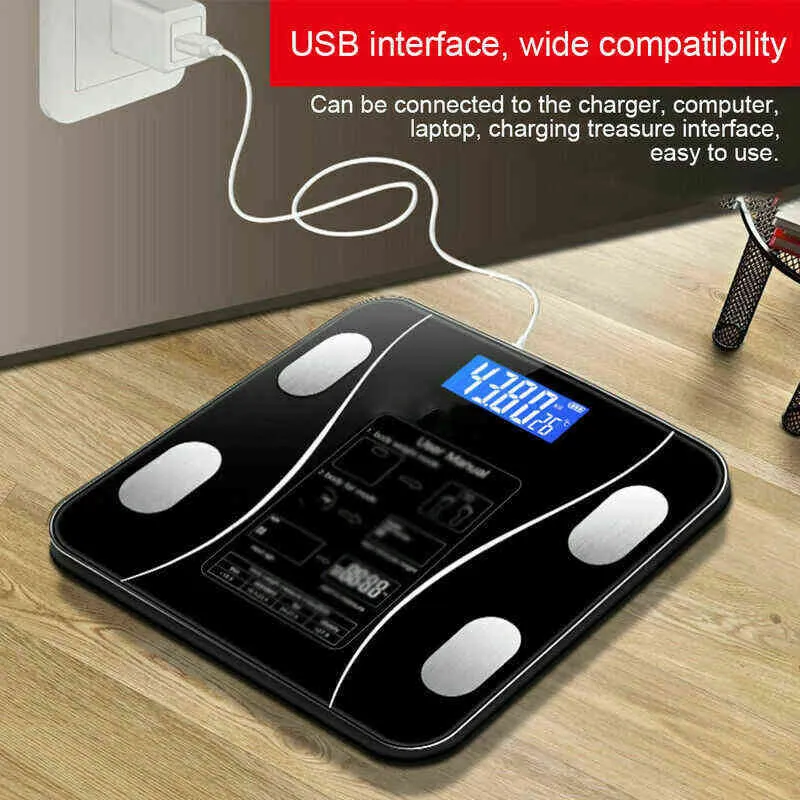 USB Bluetoothスケール床体重浴室スケールスマートLCDディスプレイスケール体重ボディ脂肪水筋肉質量BMI 180KG H1229