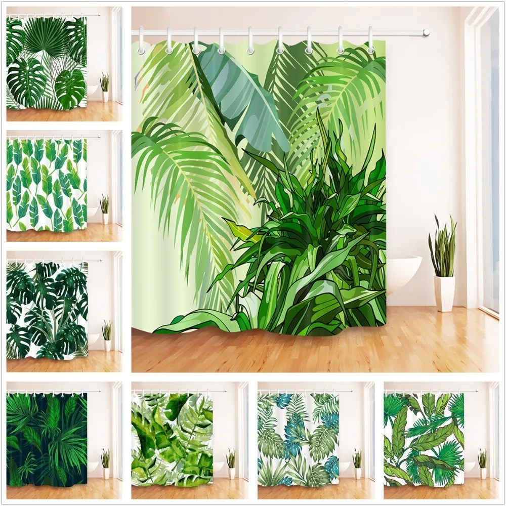 Feuilles vertes rideau de douche blanc Jungle tropicale salle de bain Nature tissu Polyester imperméable résistant à la moisissure pour décor de baignoire 25983083