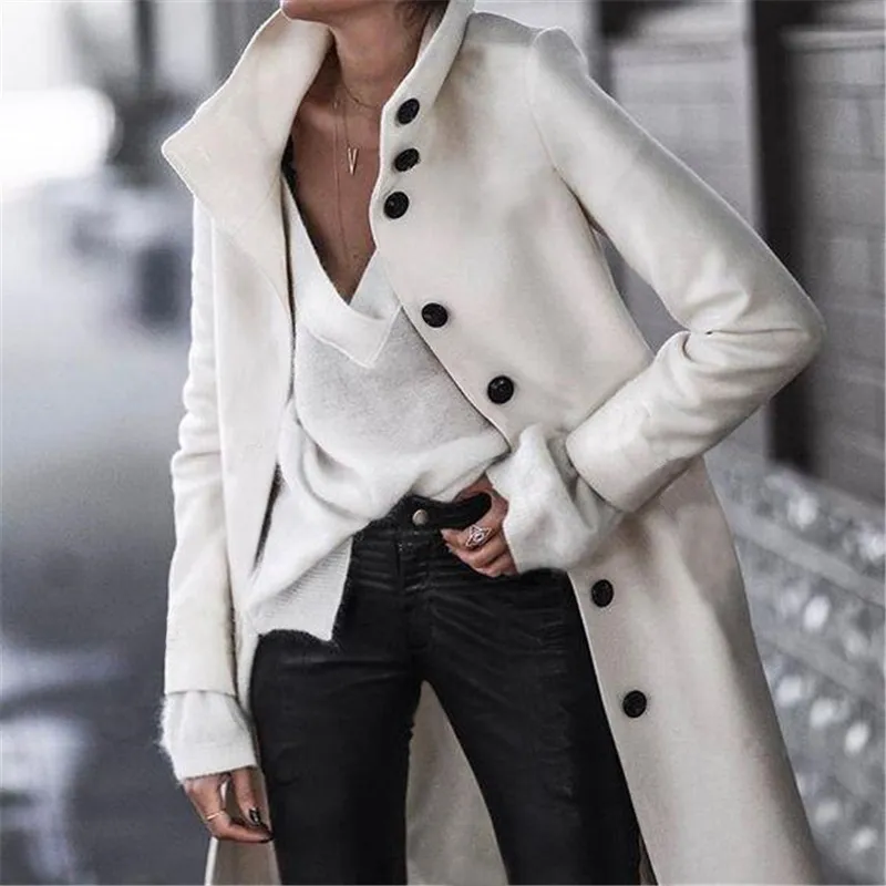 Outerwear sobretudo outono jaqueta casual mulheres nova moda longo casaco de lã Único breasted slim tipo feminino inverno casacos lj201109
