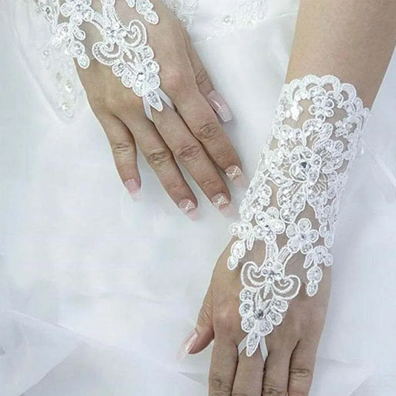 Lace Bridal Gloves Fingerless Ribbon Beads Short Wedding Gloves Rhinestone Party Opera Dance Accessories234s