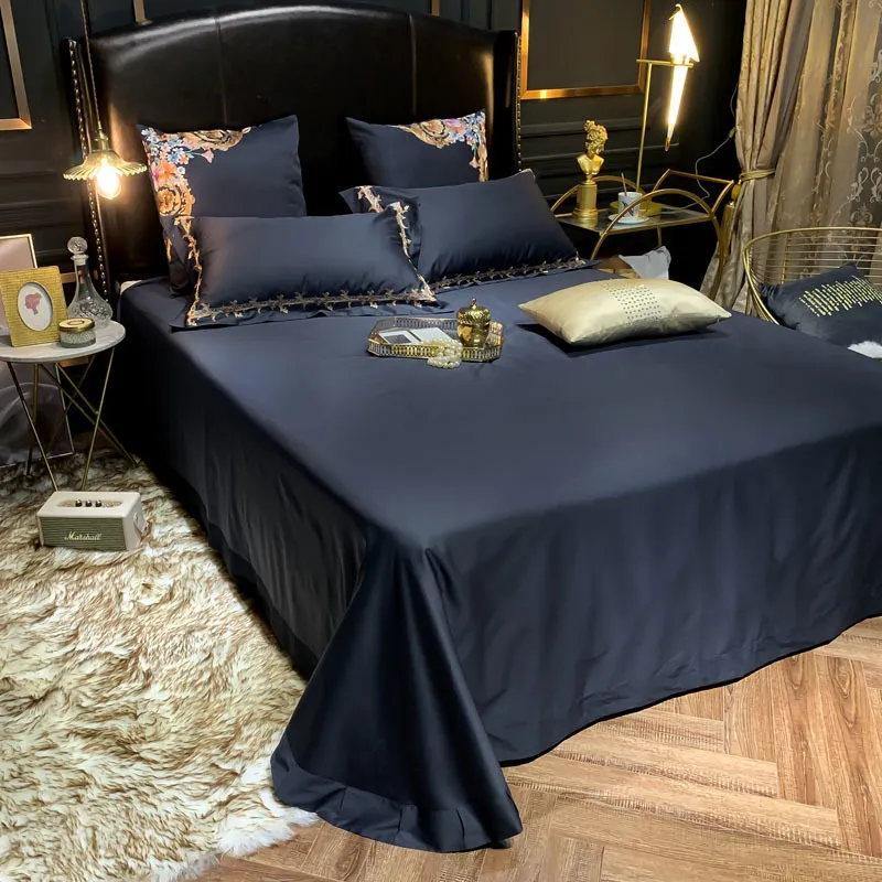 Luxury Egyptian Cotton Navy Blue Bedding set Premium Embroidery US Queen King size 4/Duvet cover Bed Sheet Pillow shams LJ200819