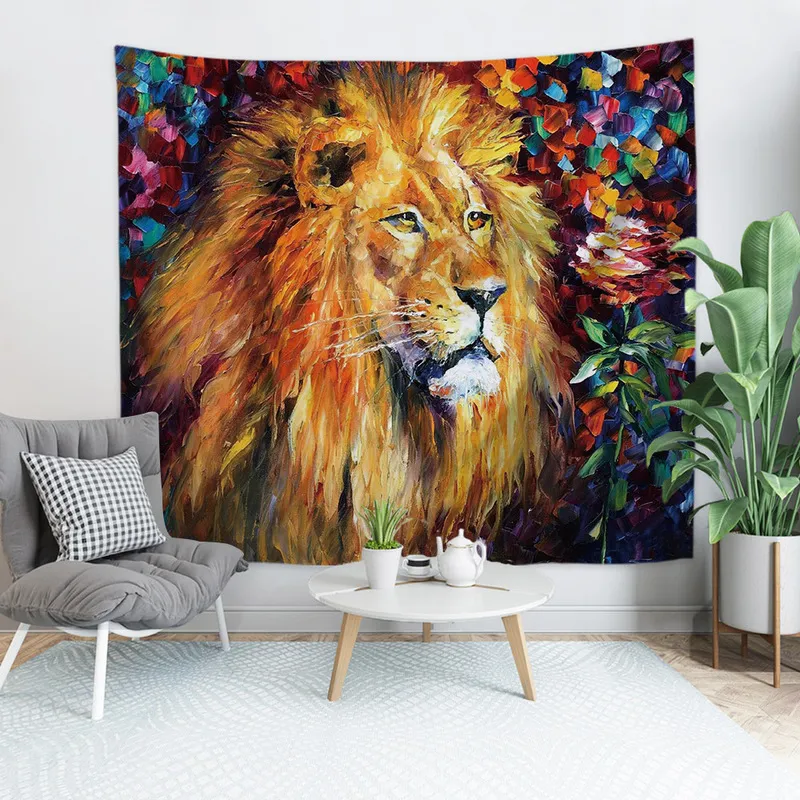 Kilected Cartoon Lion Tapestry Vägg Hängande Polyester Tunn Animal Print Living Room Bedroom Background Blanket 220301