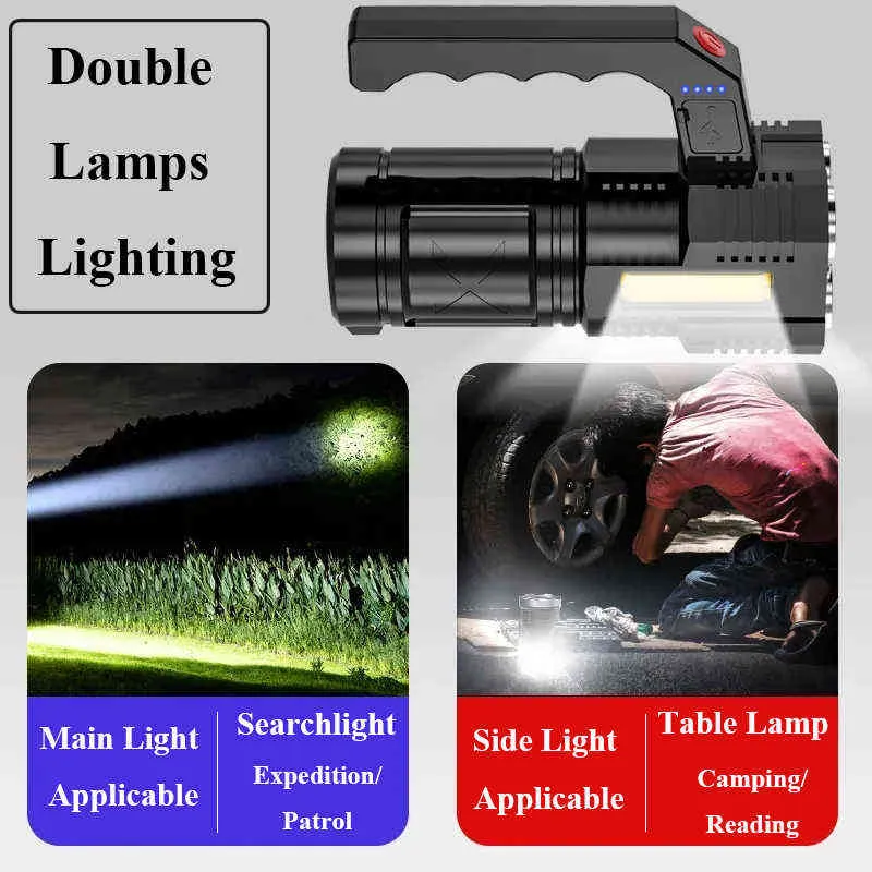 High Power Four-cell LED-ficklampa USB Uppladdningsbar Kraftfull COB-sökljus Camping Super Light Spotlight Cykelljus 220209