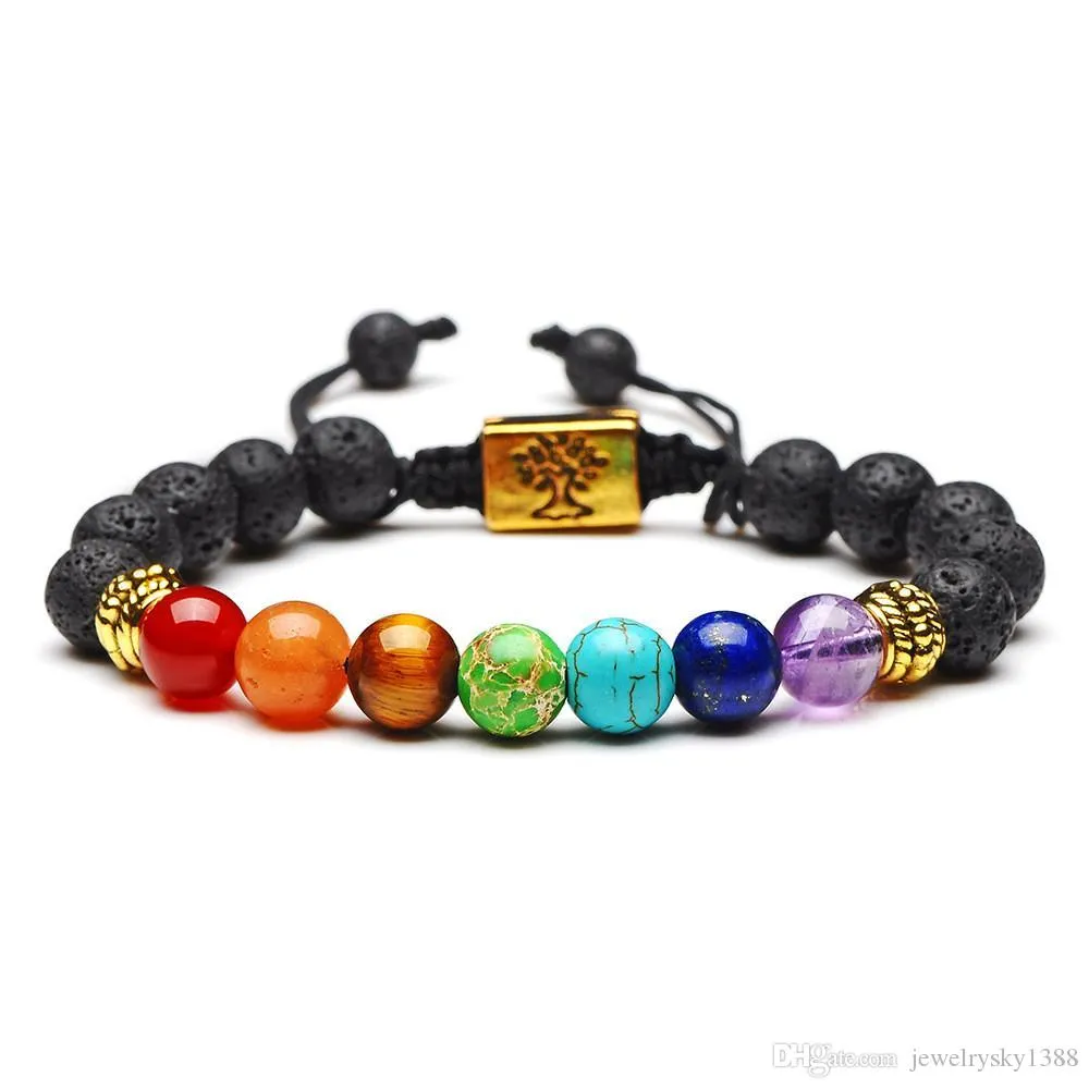 Yoga Handmade 7 Chakra Tree Of Life Charm Bracelets Lava Stones Beads Rope Black volcanic stone Bracelet Women Men Bracelets