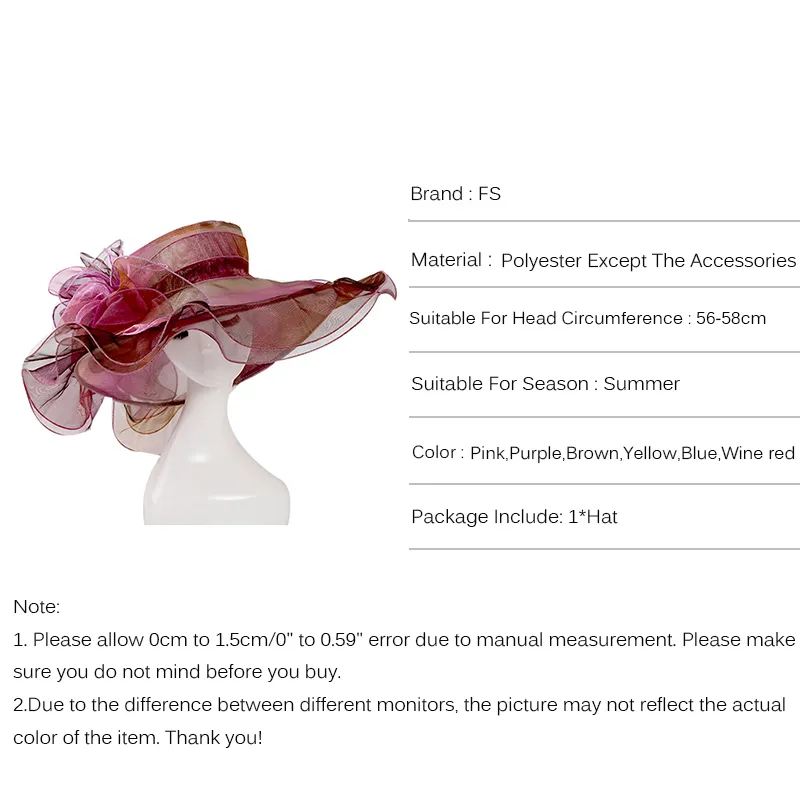 FS Organza Summer Church Hats for Women Eleganckie duże, szerokie brzegi damskie fedorowie z dużym kwiatem różowym kapeluszem plażowym Y200714275C