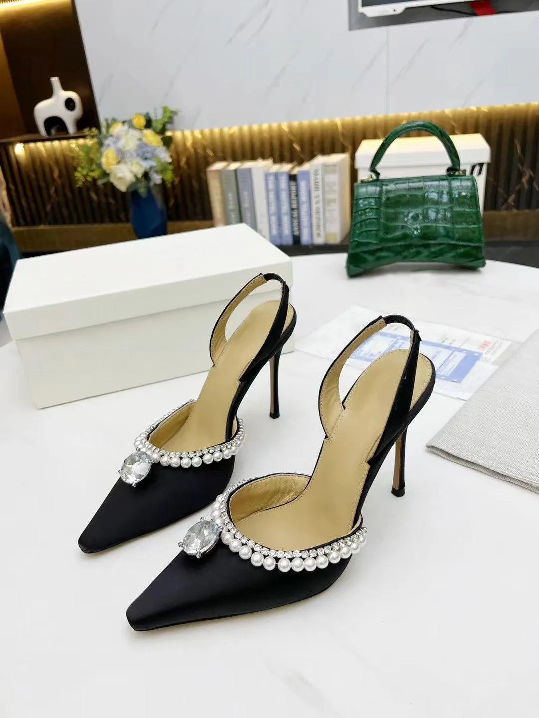 fashion High heeled sandals 100% Leather summer Women Fine heel Heels shoe sexy Pearl Satin Womens Shoes cloth lady Diamonds Pointed shoes Large size 35-41-42 With box