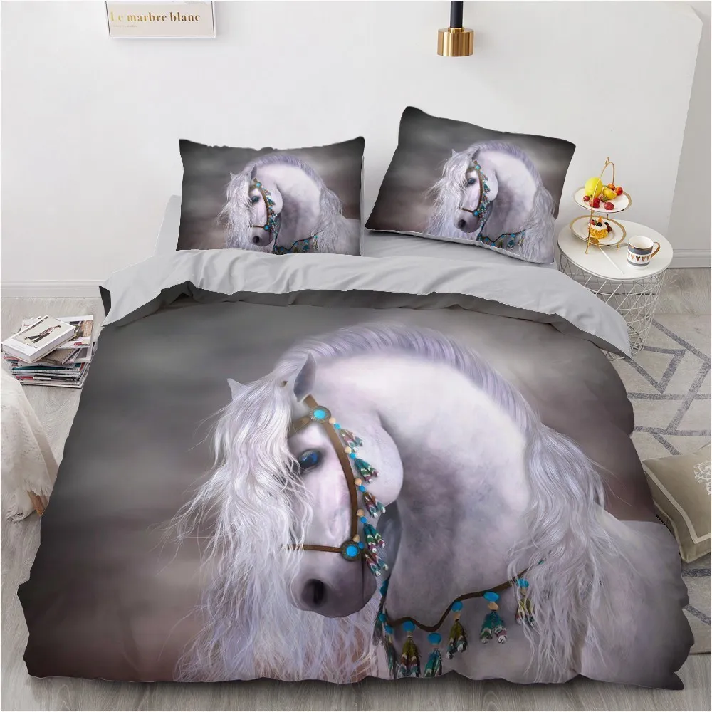 Conjunto de cama de cavalo 3D Design personalizado Passes de capa de edifícios de animais brancos Caso de roupas de cama de cama branca Rei Full Queen Super King Twin Size 201128815495