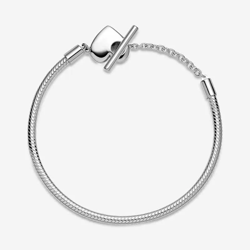 925 Sterling Silber T-förmiges Armband für Damen, glänzender blauer Scheibenverschluss, Armreif, Schlangenkette, Schmuck
