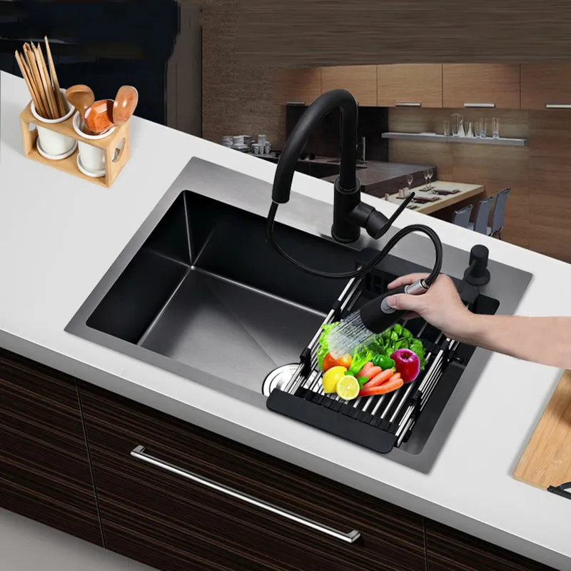Évier de cuisine simple noire au-dessus du comptoir ou udermount lavage de légumes Basin de lavabo cuisine noire en acier inoxydable pia