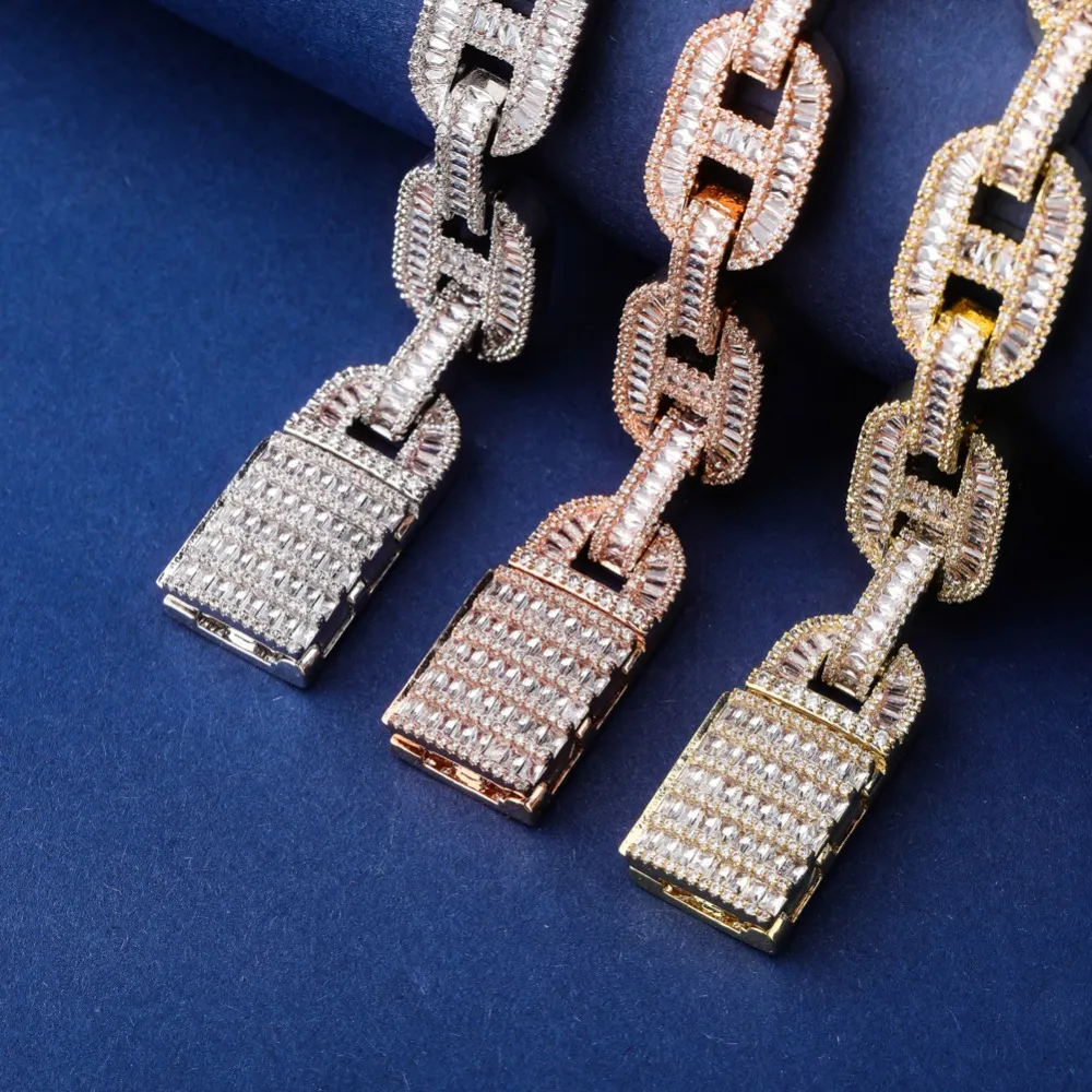 14mm Hip Hop -knappar CZ Baguette Cuban Chain Necklace Silver Gold Rosegold Plated Luxury Copper Micro Paled Jewely238F