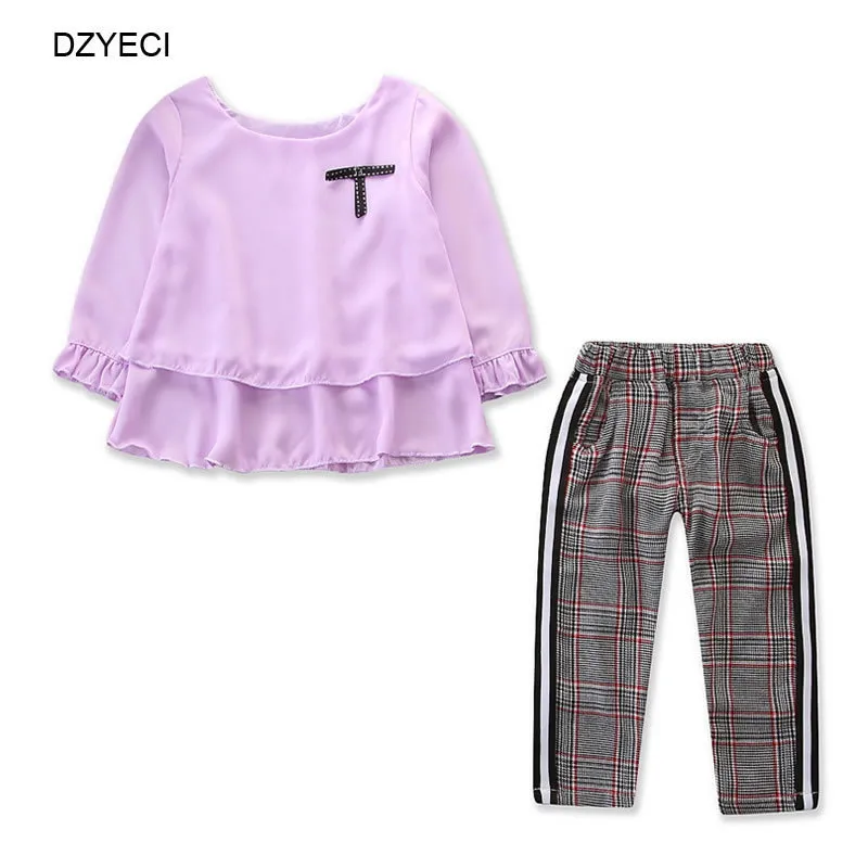 DZYECI Little Baby Girl Set Boutique Outfit Kid Bow Ruffle T Shirt Top + Plaid Pantalone Bambino Torna a scuola Tuta 201031