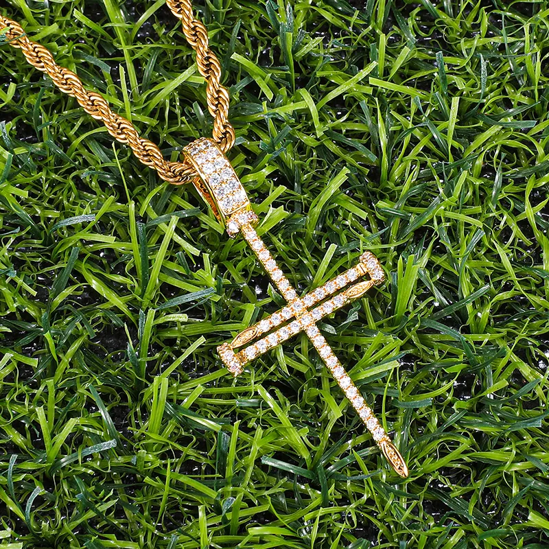 Pendentif croix à ongles, or, argent, cuivre, pendentifs glacés, collier avec chaîne, bijoux Hip Hop à la mode, 326P