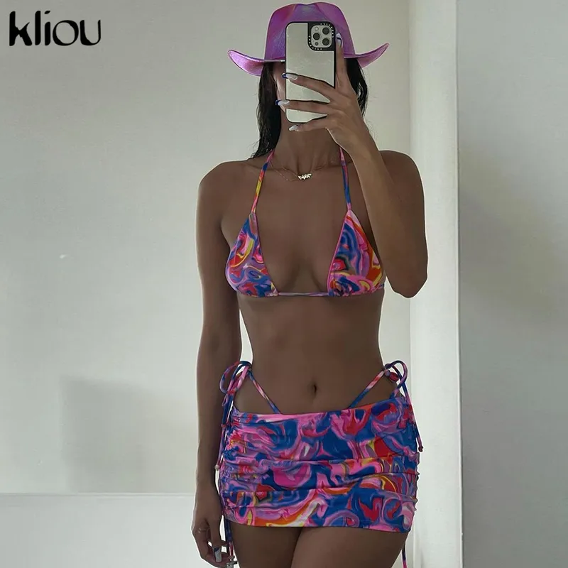 Kliou Bandage Halter Print Two Piece Set Women Backless Sexy Tops+Drawstring Ruched Skirts Summer Vacation Outfit No Panties 220221