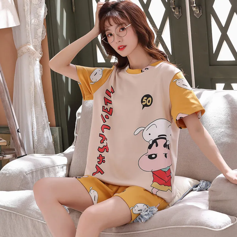 BZEL Cute Crayon Shin-Chan Print Summer Pajamas Zestaw Dla Kobiet Loose Casual Sleepwear Koszulki i Szorty PJS Duży rozmiar Strona główna Garnitur T200701