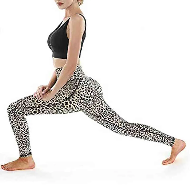 Byxor för kvinnor yogapantes fickor leopard tryck hög midja träning leggings som kör byxor sport kvinnliga tights kvinnor leggings h1221