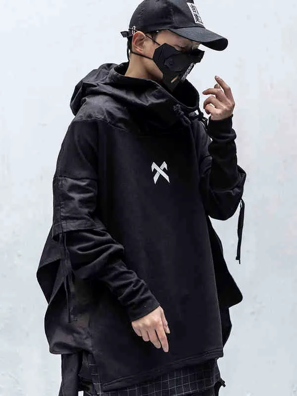 Techwear Hoodie Men Black Gothic Cosplay Japanese Streetwear Clothing 211229