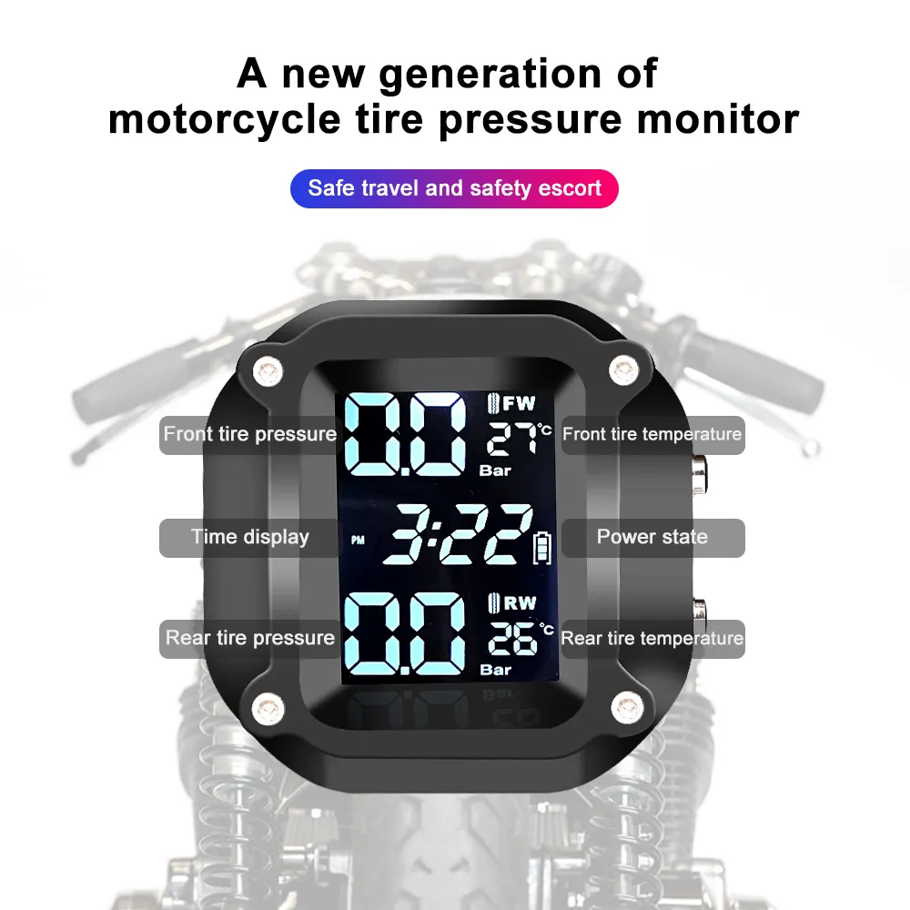 Motorcykel TPMS -däcktrycksövervakningssystem Motordäck LCD Display Alarm System