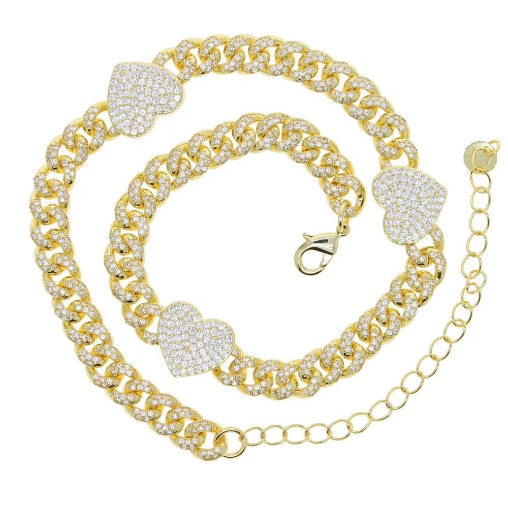 2021 Valentinstagsgeschenk für Liebhaber 3 Stück Micro Pave Cz Herz Charm 7mm kubanische Gliederkette Halsband Halsband Halskette241p