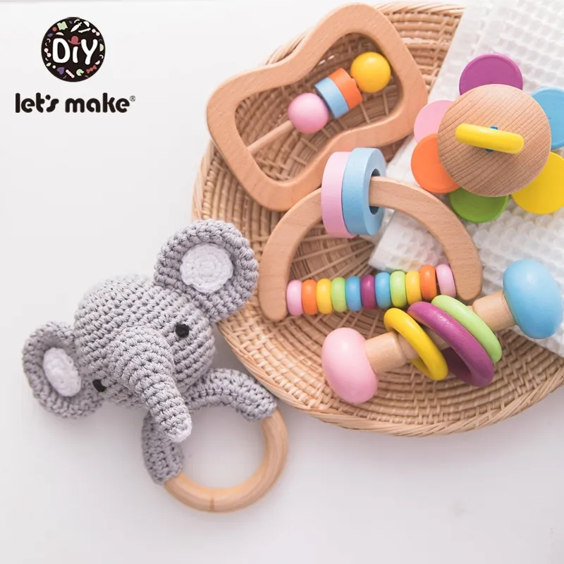 Let's Make Safe Jouets en bois Bébé Montessori Toddler Toy Grip DIY Crochet Hochet Sucette Bracelet Dentition Jouet Ensemble Bébé Produit 201224