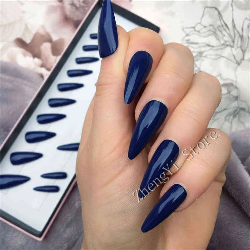 Unghie finte Blu scuro Affusolato Stampa sulle unghie Mandorla Stiletto Midi Falso con colla adesiva Lucido Faux Ongles Nepnagels artificiali Suggerimenti 220225