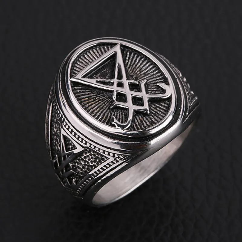 Anel de sinete retrô gótico lúcifer satanás, anel de vedação punk rock de aço inoxidável para homens e mulheres joias pagãs gift295n