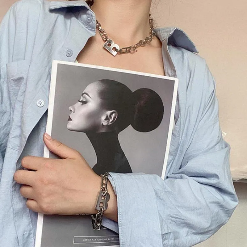 2020 새로운 패션 여성 골드 도금 금속 B 목걸이 팔찌 두꺼운 링크 체인 초커 고품질 1215k