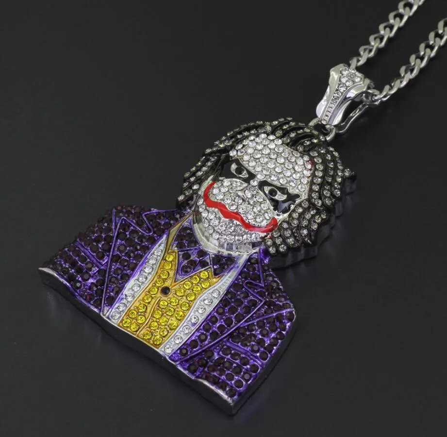 Fashion Iced Out Large Cartoon Clown Cosplay Pendant Necklace Mens Hip Hop Necklace Jewelry 76cm Gold Cuban Chain For Men Women236s