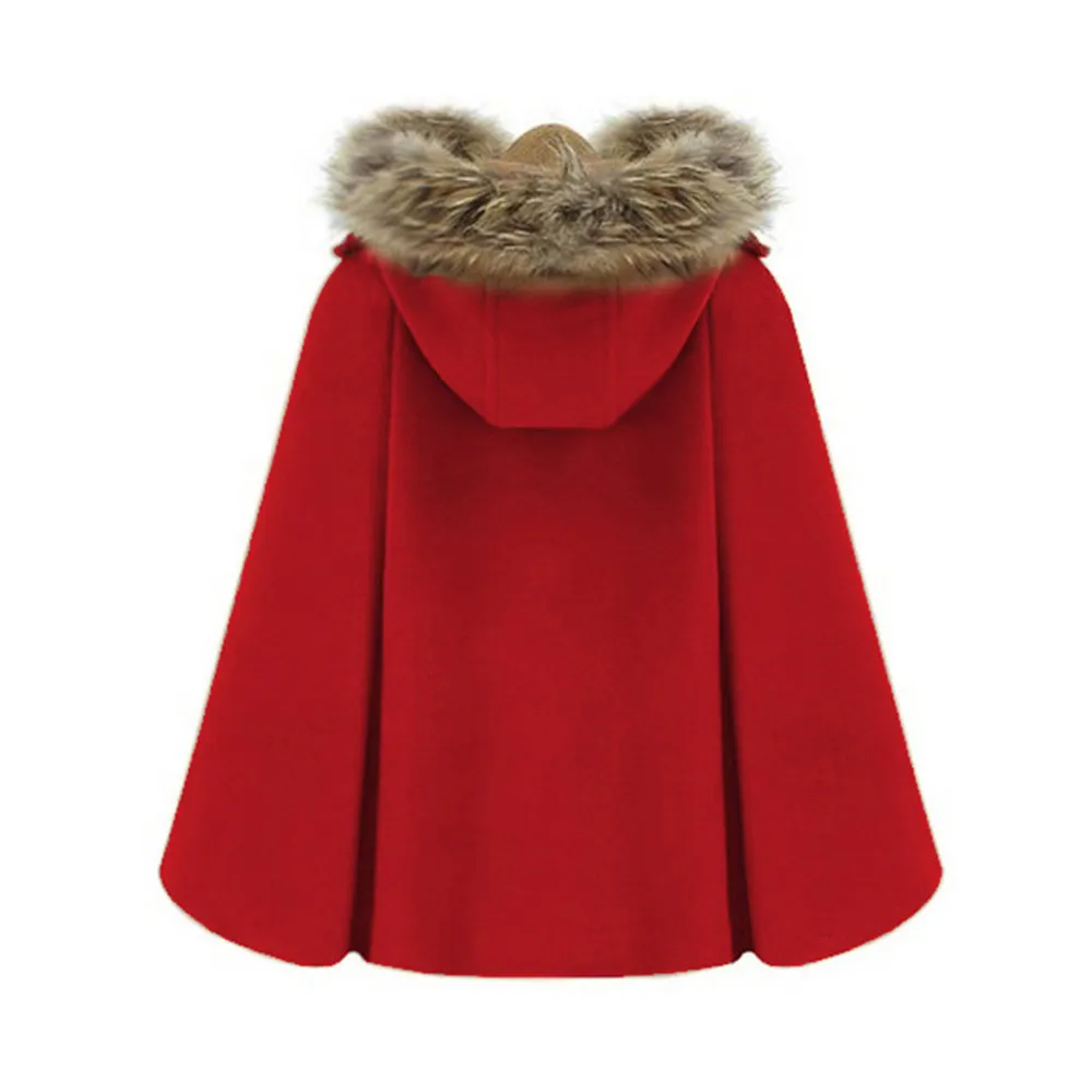 Cappotto di lana femminile elegante poncho e mantella da donna Mantella con cappuccio Collo di pelliccia Doppio petto Cappotto corto invernale da strada allentato Rosso 201210