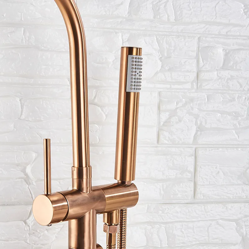 Senlesen Rose Golden Floor Fritt Stående Kran Singelhandtag Dual Control Cold Hot Water Mixer Tap Para Bathtub Dusch Bad T200710