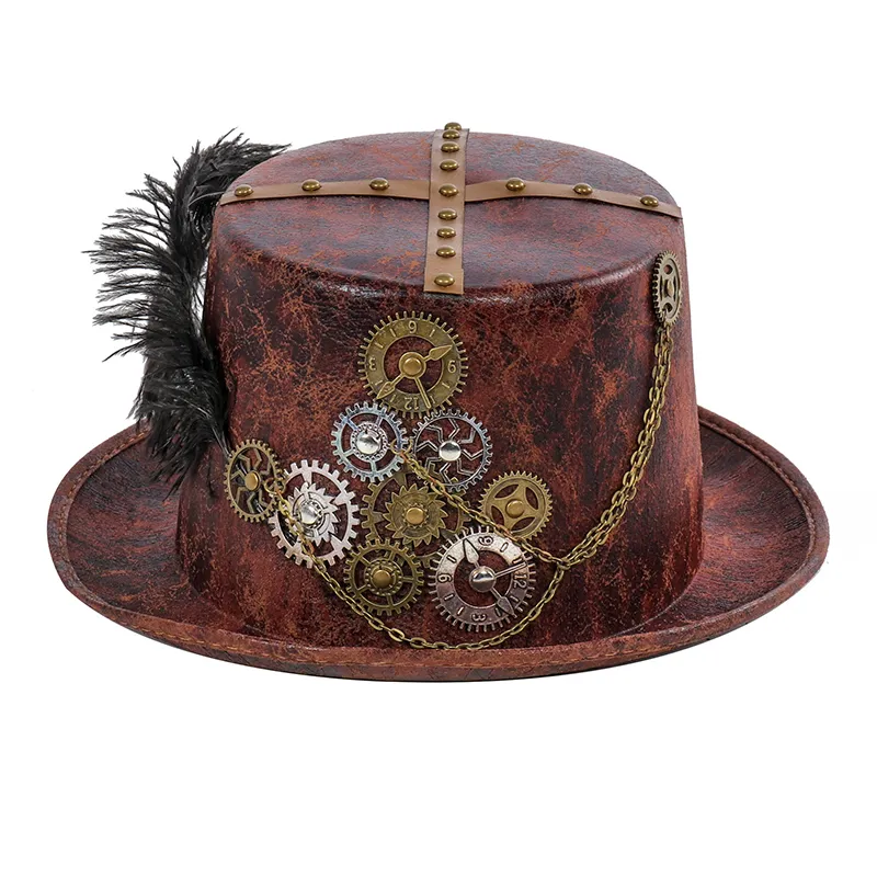 Steampunk kapelusze w stylu Retro karnawał Cosplay melonik łańcuch biegów Feather Decor czapki imprezowe Halloween brązowy okrągły wierzchołek kapelusze dla kobiet mężczyzn T200620