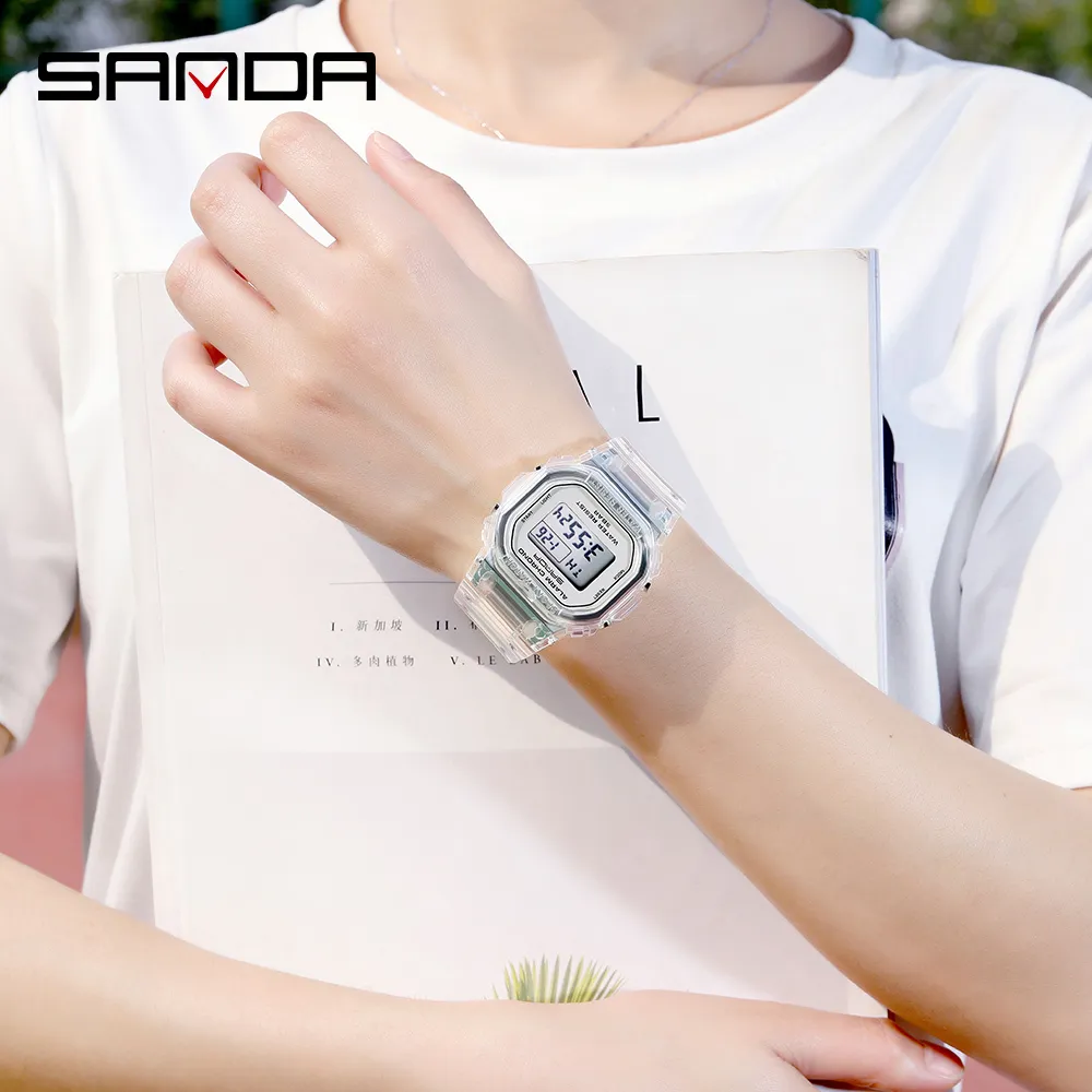 SANDA Mode Sport Vrouwen Transparante band LED Digitale Klok Dames Elektronisch Horloge Reloj Mujer Relogio Feminino 2009 201217178H