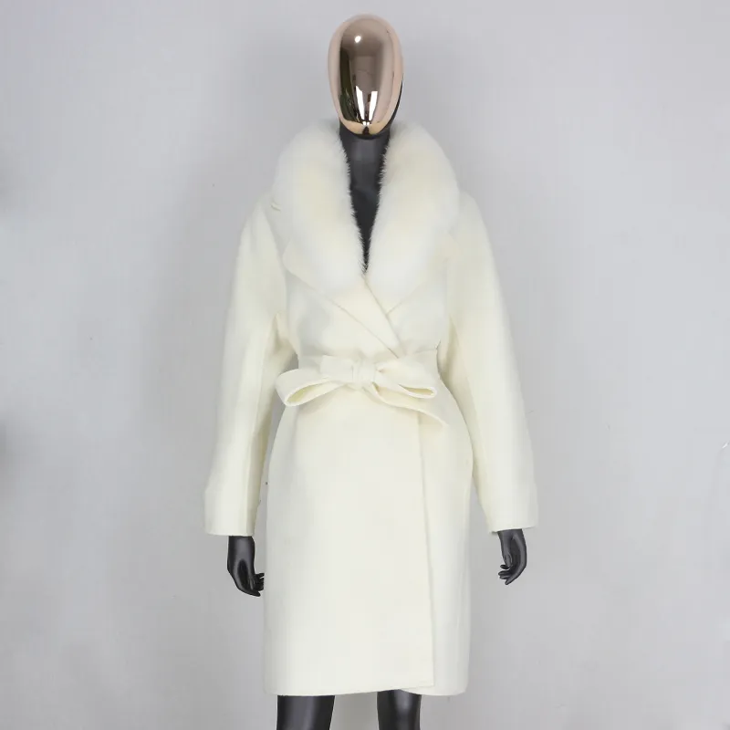 Furbelieve 2020 echte bont jas winterjas vrouwen losse natuurlijke bont kraag kasjmier wol blends bovenkleding riem streetwear lj201106