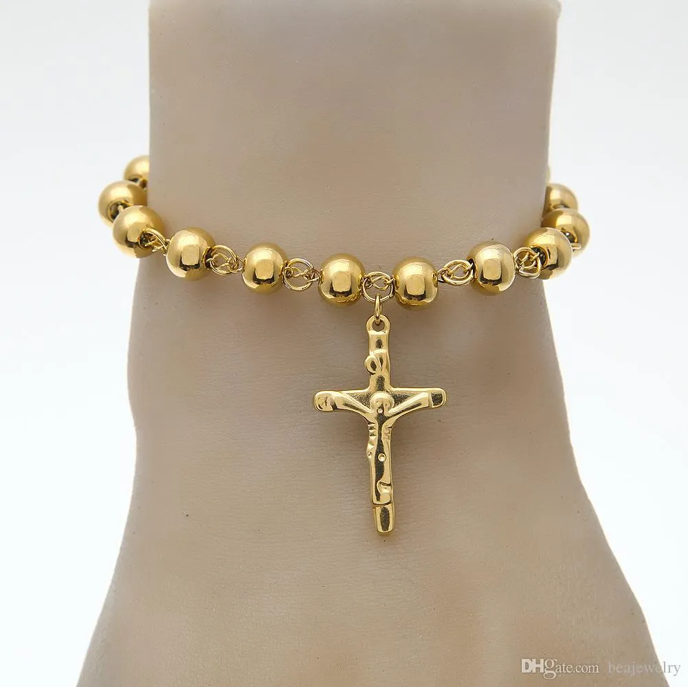 Unisex 14K Gold Plated Rosary Bead Bracelet Stainless Steel Cross With Jesus Charms Pendant Link Chain Religion Female pulseira