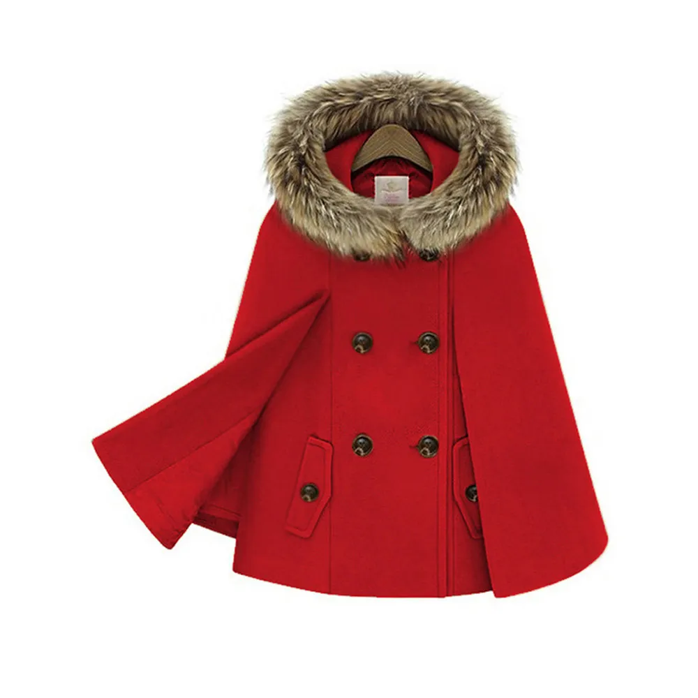 Laine Femme Élégant Poncho et Capes Manteau Femmes Capuchon Cape Col De Fourrure Double Boutonnage Hiver Lâche Rue Court Pardessus Rouge 201214