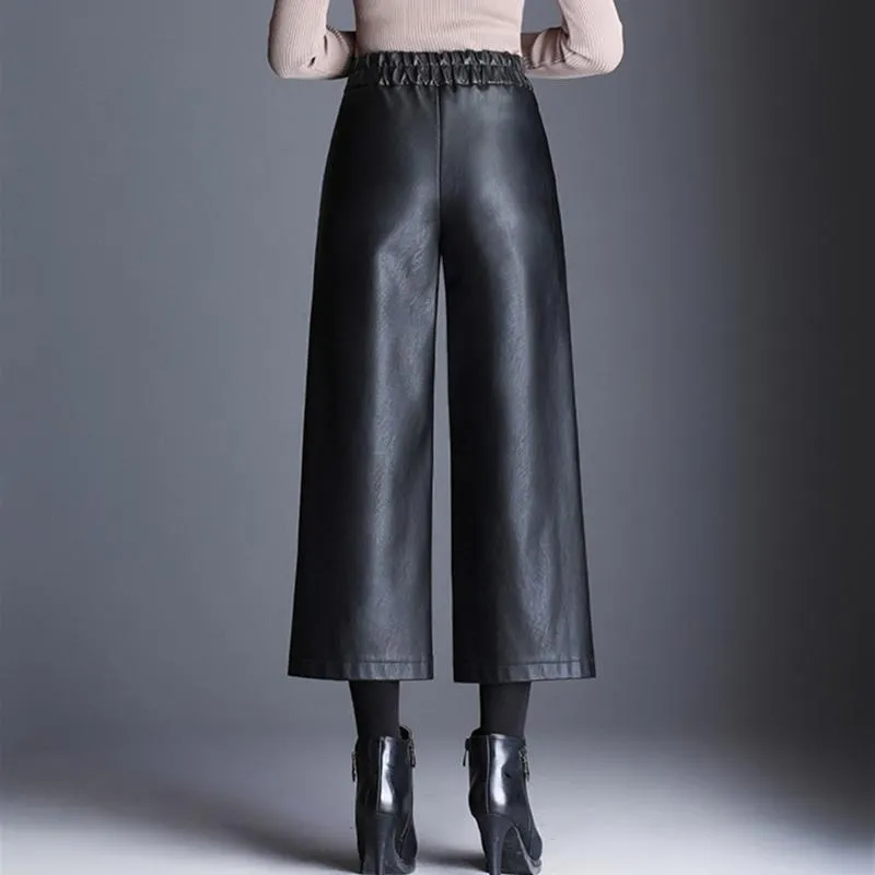 Plus size hoge taille PU brede been enkellange broek vrouwen baggy zwart glanzend kunstleer dames losse broek Koreaanse broek 201113