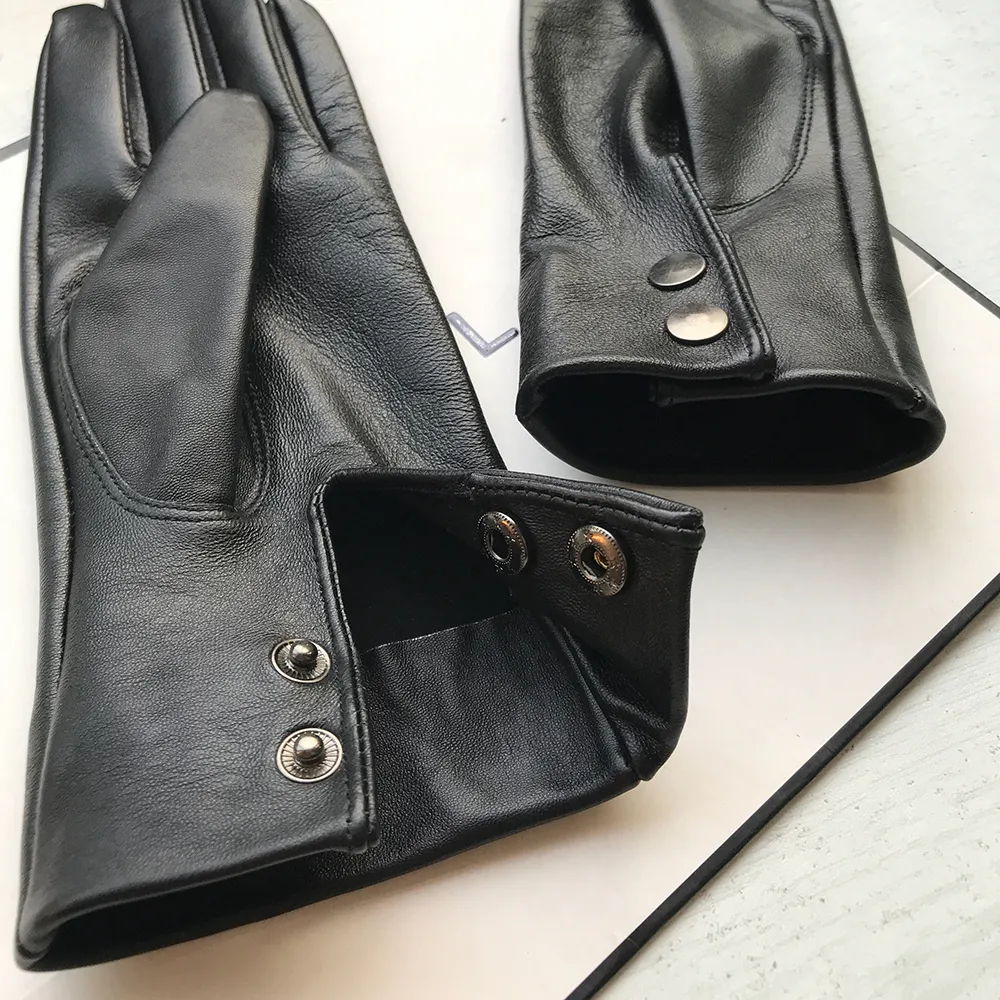 Gants en cuir véritable sans doublure pour hommes et femmes, gants en peau de mouton pure, bouton de poignet, noir, blanc, moyen et long, base LJ201215